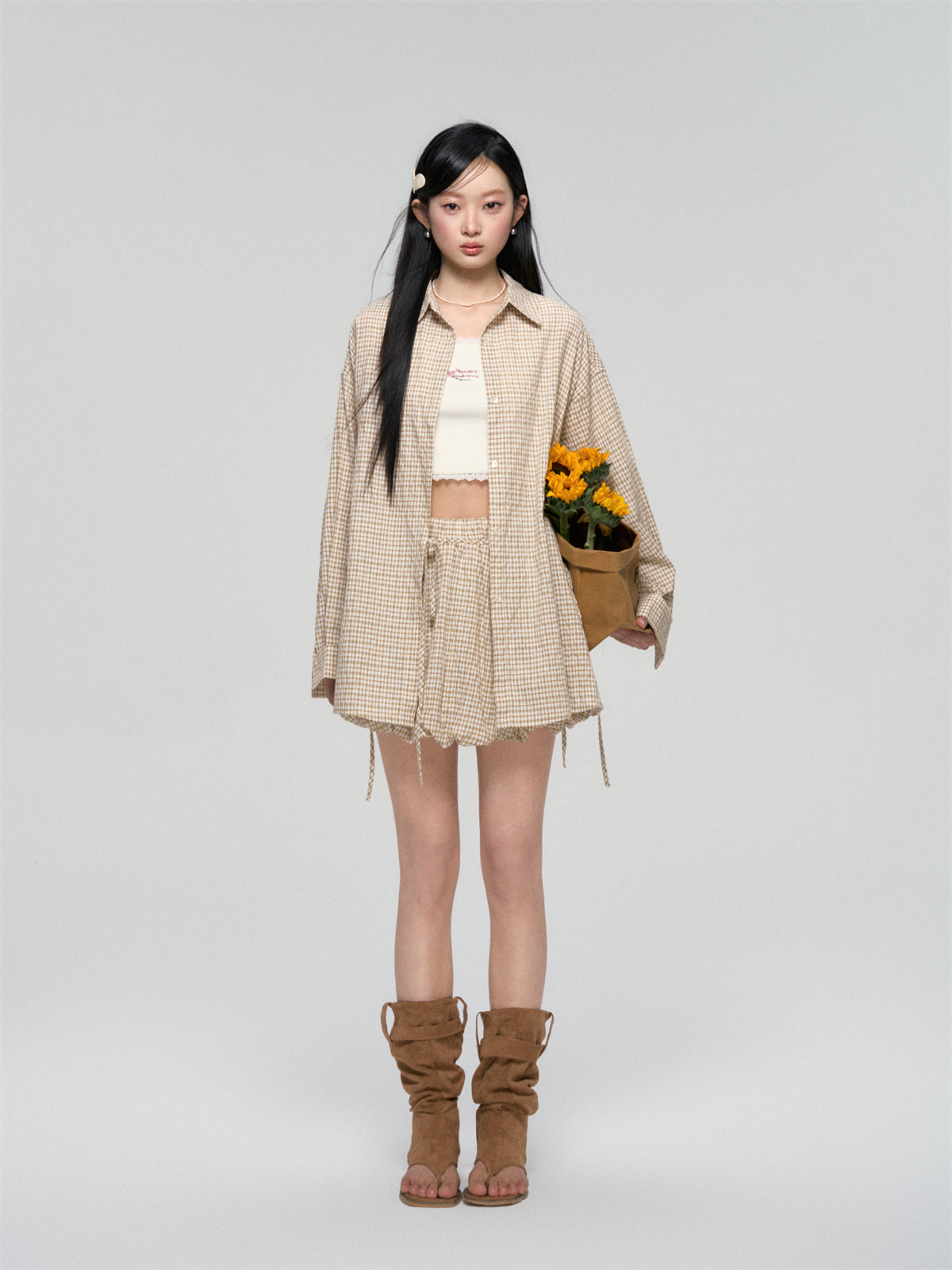 AsGony ASG25059&ASG25060 Lace up casual checkered shirt +skirt set (2color)