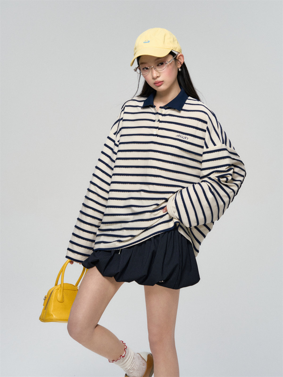 AsGony ASG25076 Contrasting drawstring striped skirt