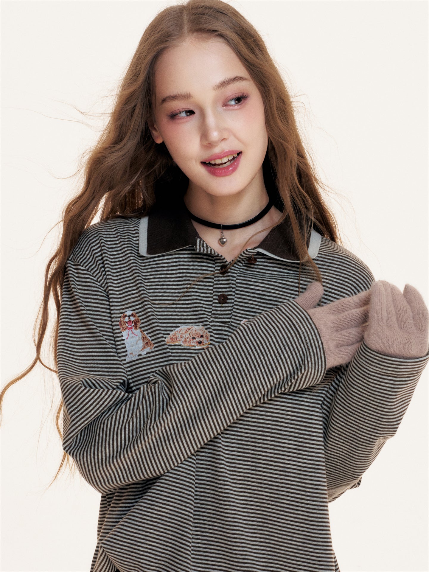 16DEWS 16D25403 Dog print double-layer collar design striped top