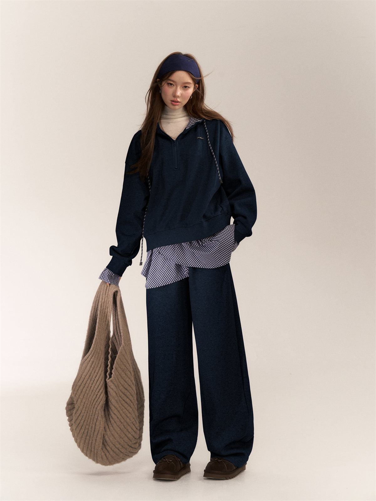 AsGony ASG24641 & ASG2642 Splicing plaid hoodie + loose pants set