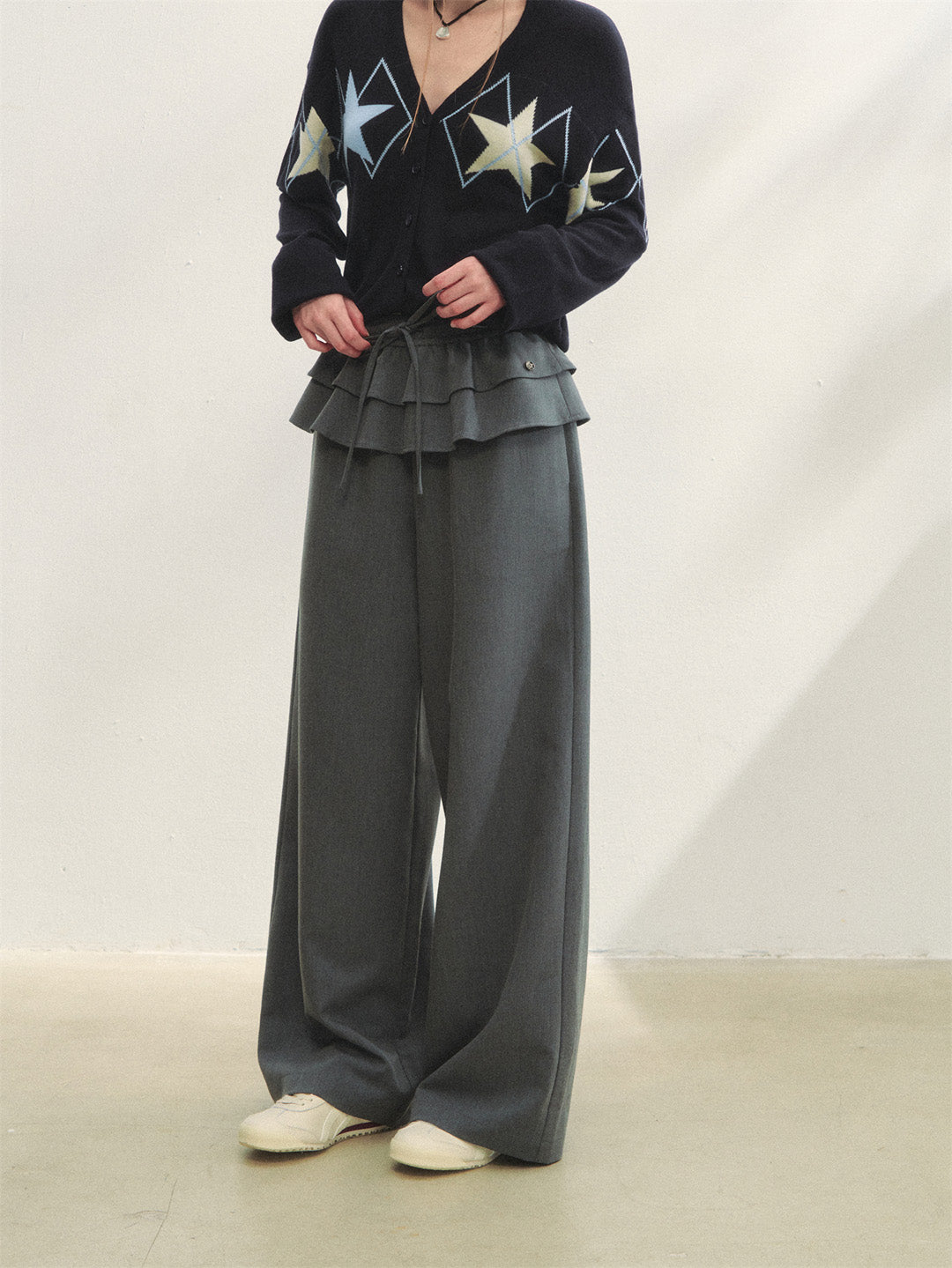 AsGony ASG25275 Double layered ruffle edge tied casual pants