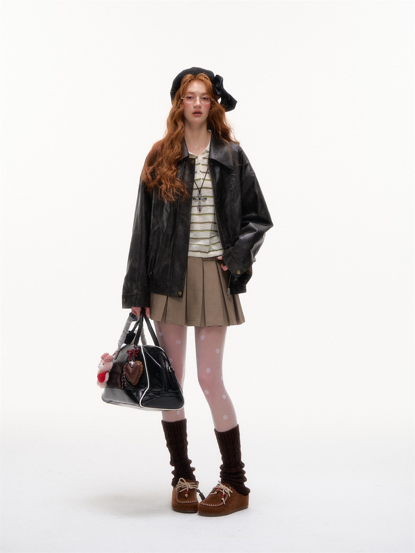 AsGony ASG25389 Bow collar loose jacket leather jacket