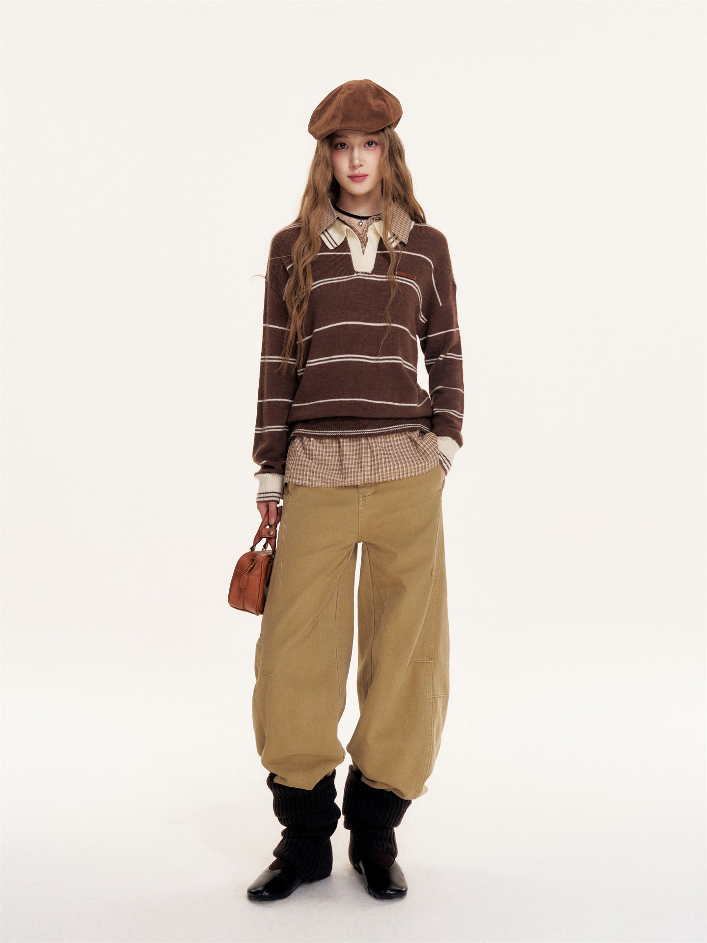 16DEWS 16D25404 Splicing design khaki wide leg jeans