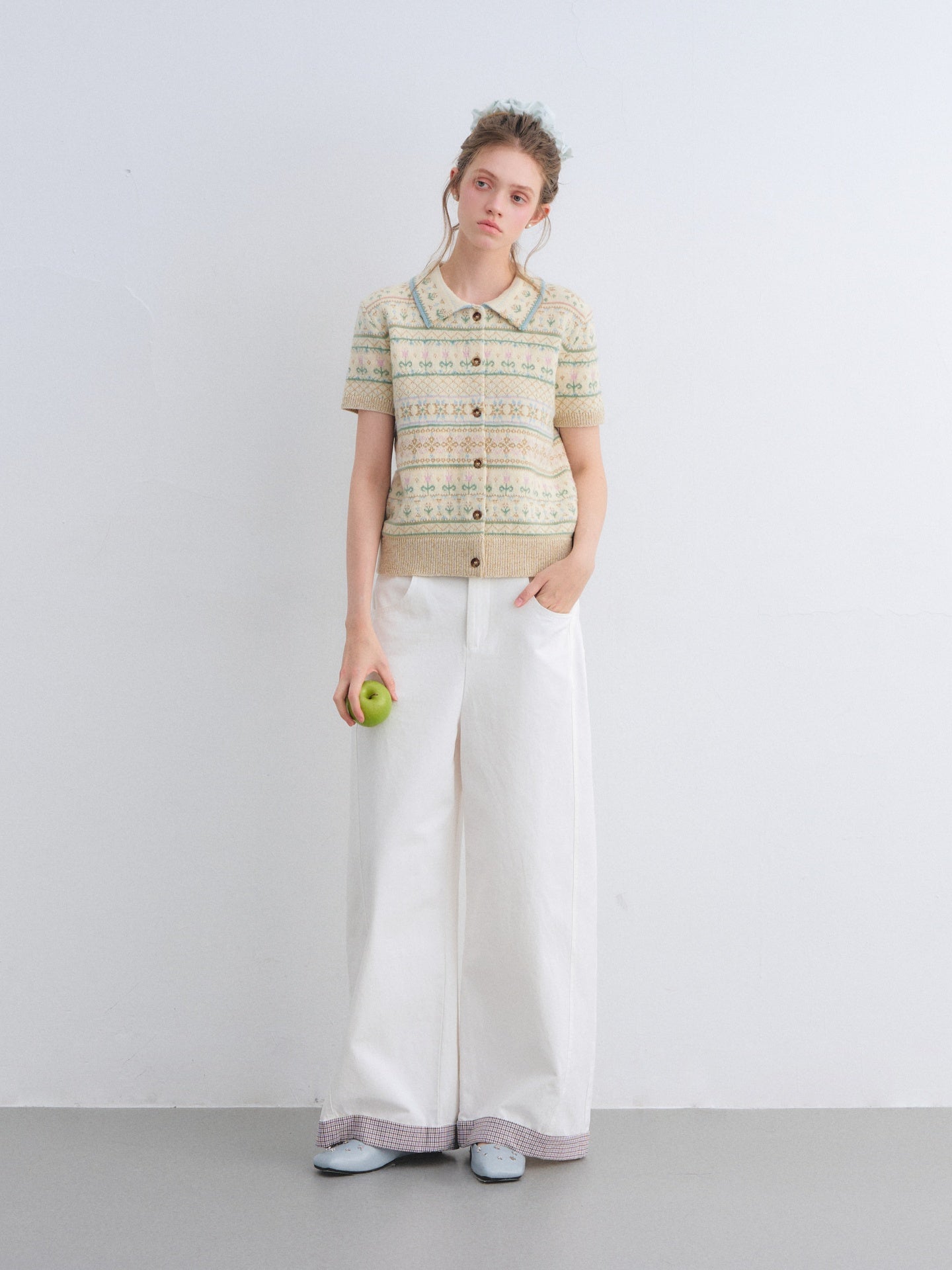 AsGony ASG25659 Fel Island wool jacquard knitted short sleeved top