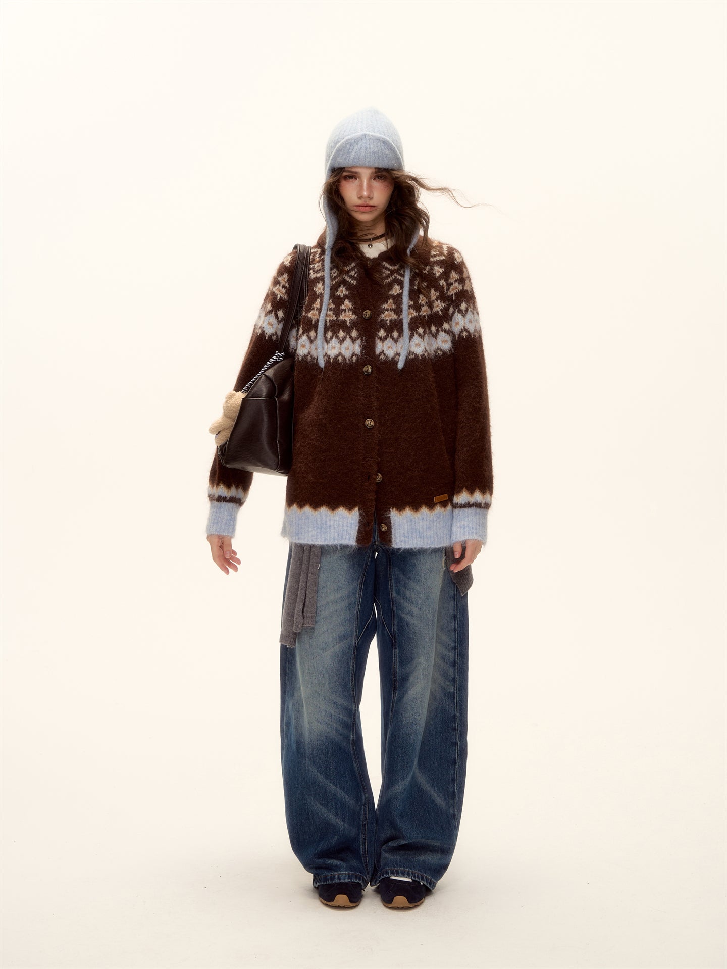 AsGony ASG25496 Wool Jacquard Fel Island Collar Button Knitted Cardigan