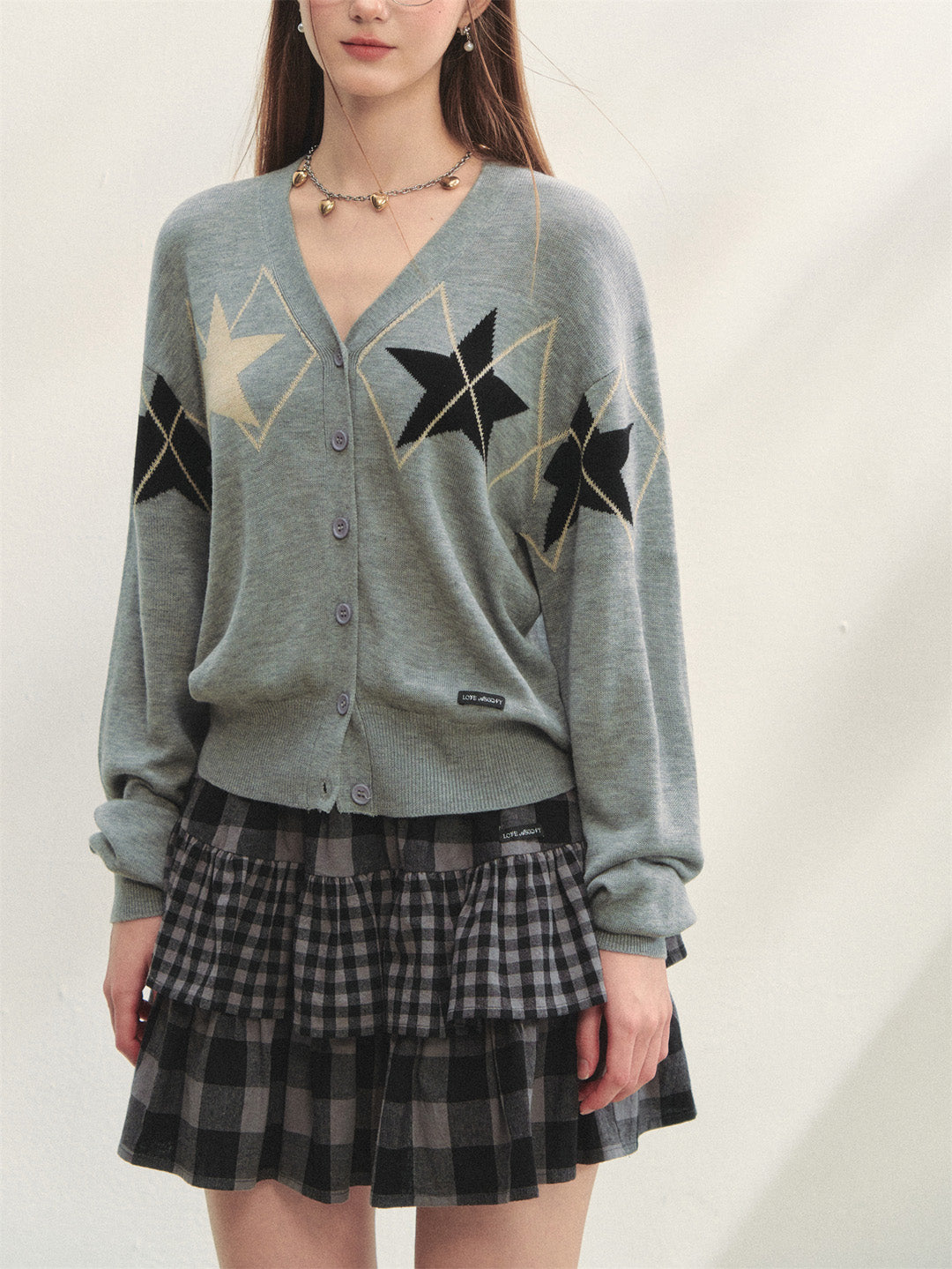 AsGony ASG25292 Star diamond grid jacquard knitted cardigan