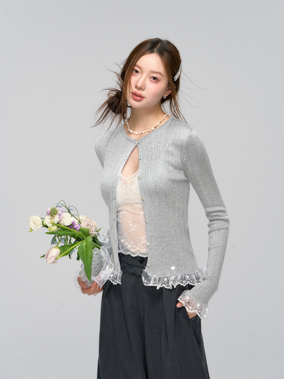 AsGony ASG25039 Lace hem patchwork knit cardigan (2color)