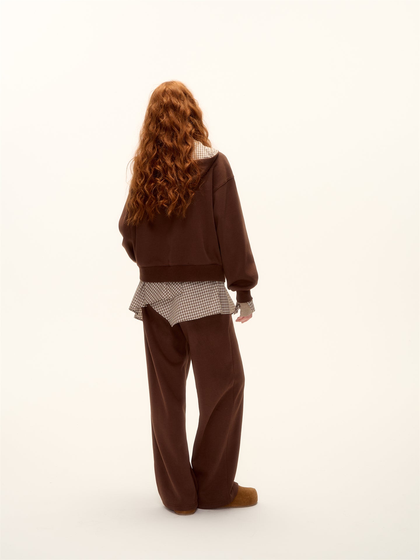 AsGony ASG24642&ASG24641 Plaid patchwork fleece hoodie + pants set