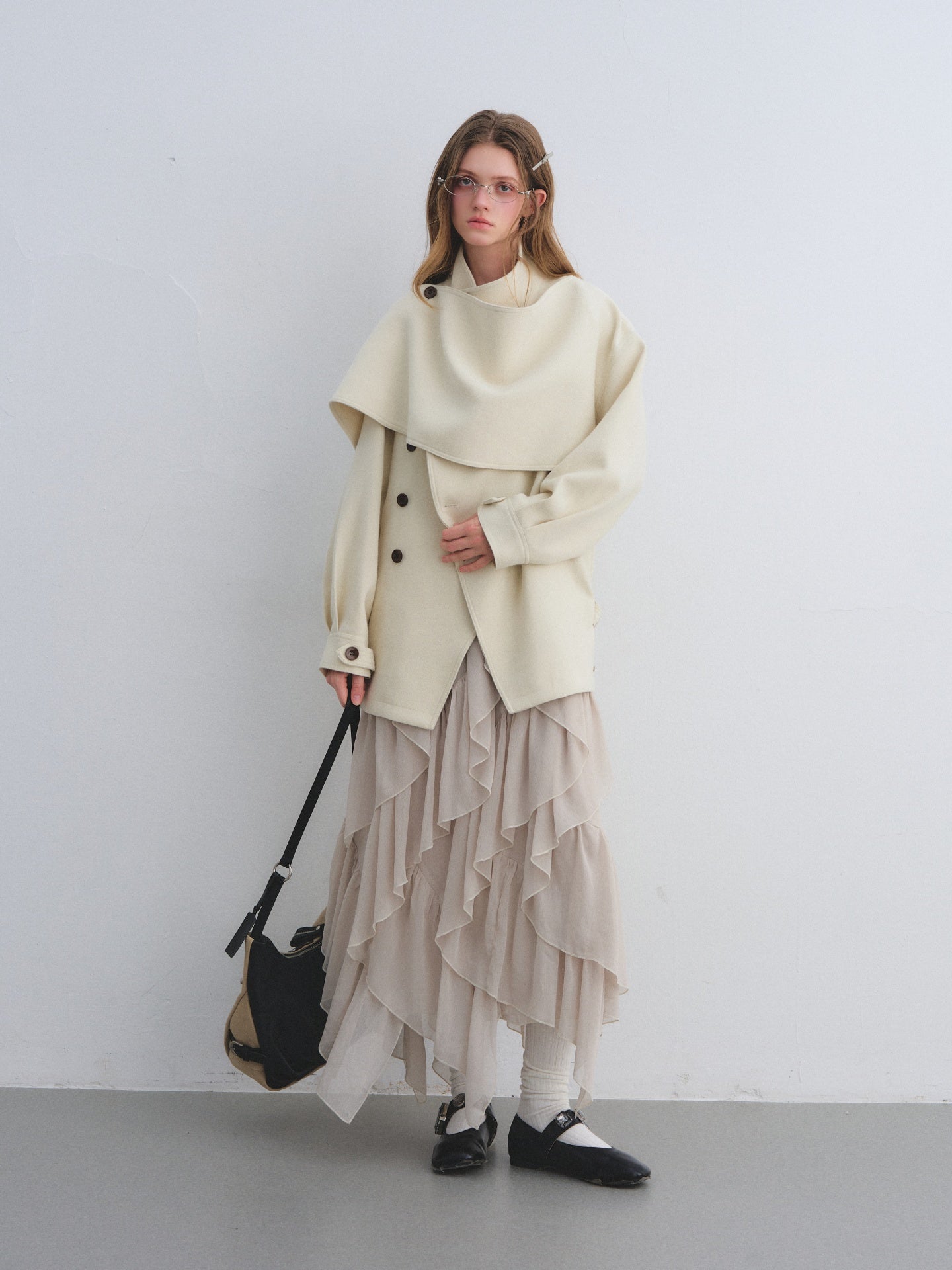 AsGony ASG25647 Woolen patchwork collar shawl woolen windbreaker