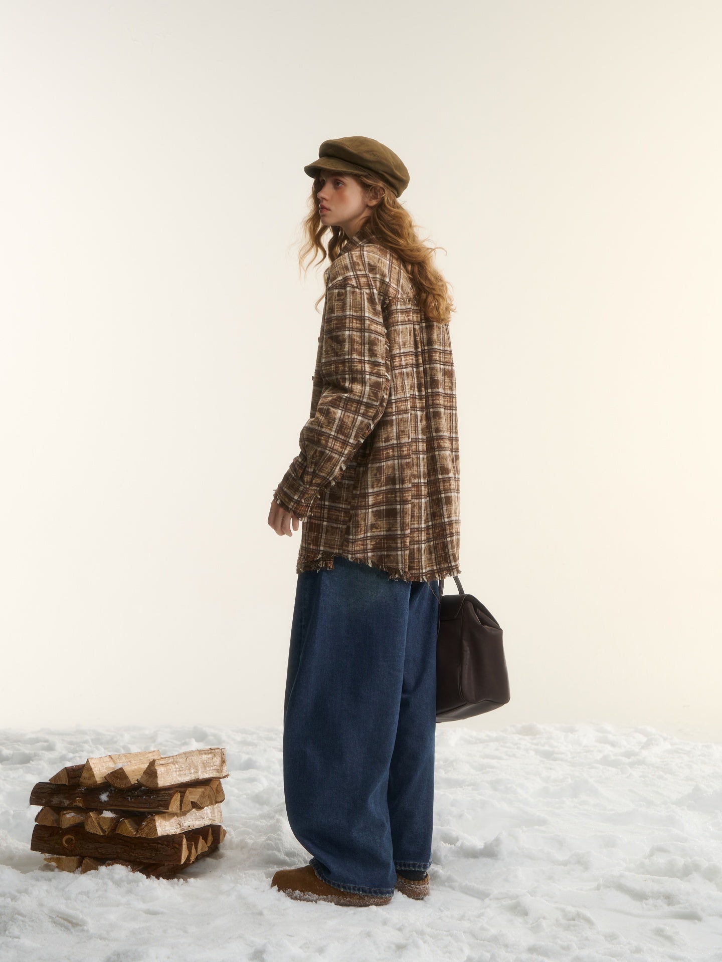 AsGony ASG24750 Lace edge patchwork brushed edge checkered shirt