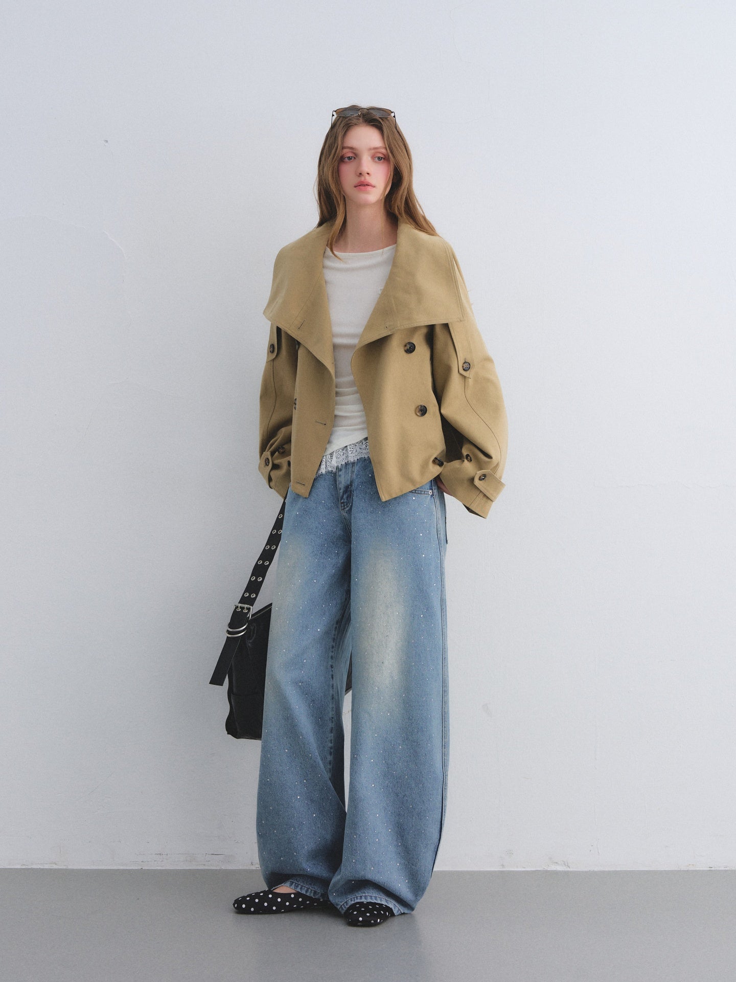 AsGony ASG25669 Big collar flower bud cocoon shaped double breasted jacket