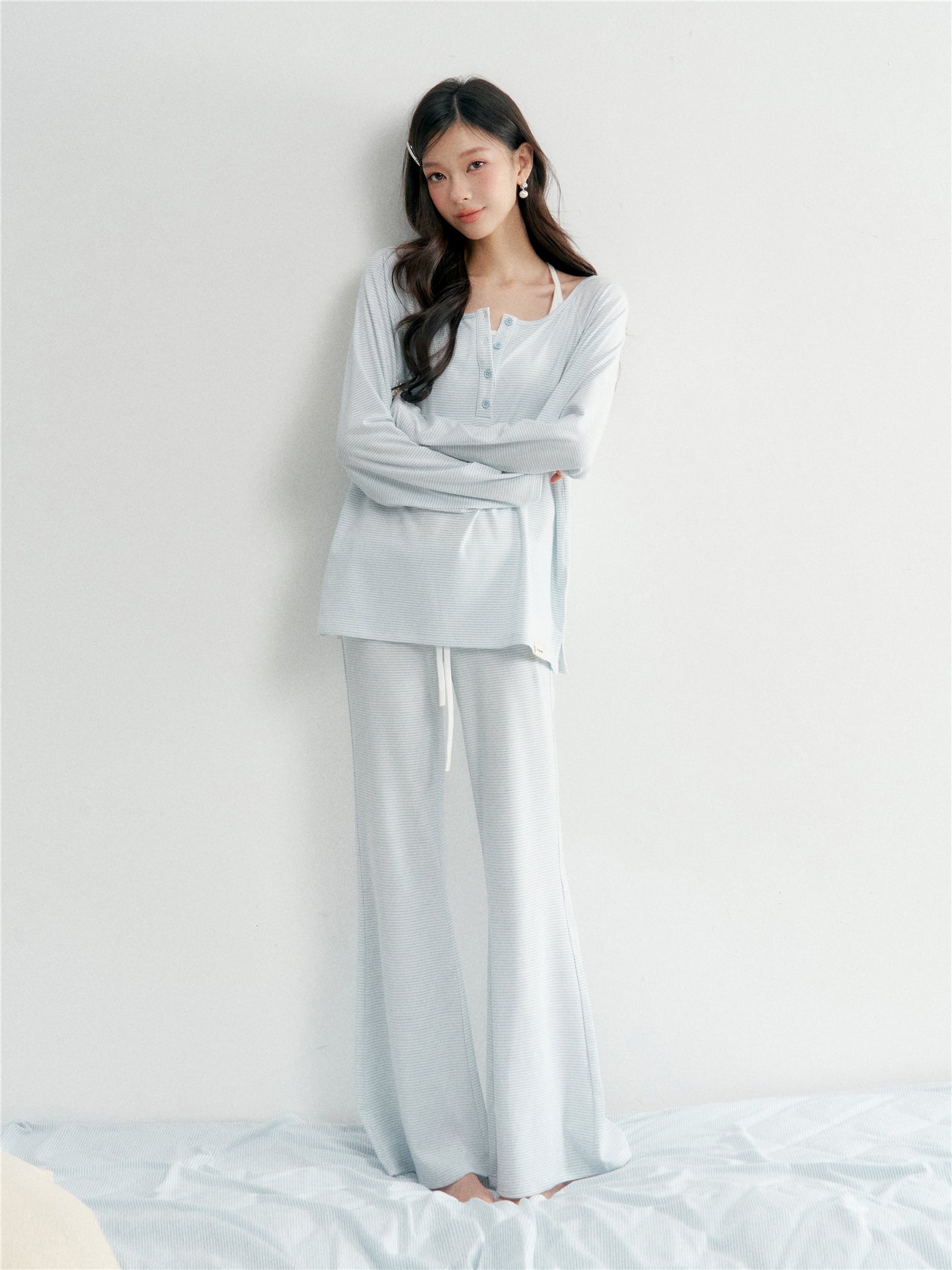 16DEWS 16D26028&16D26029&16D26030 Striped round neck top+tank top+micro flared casual pants