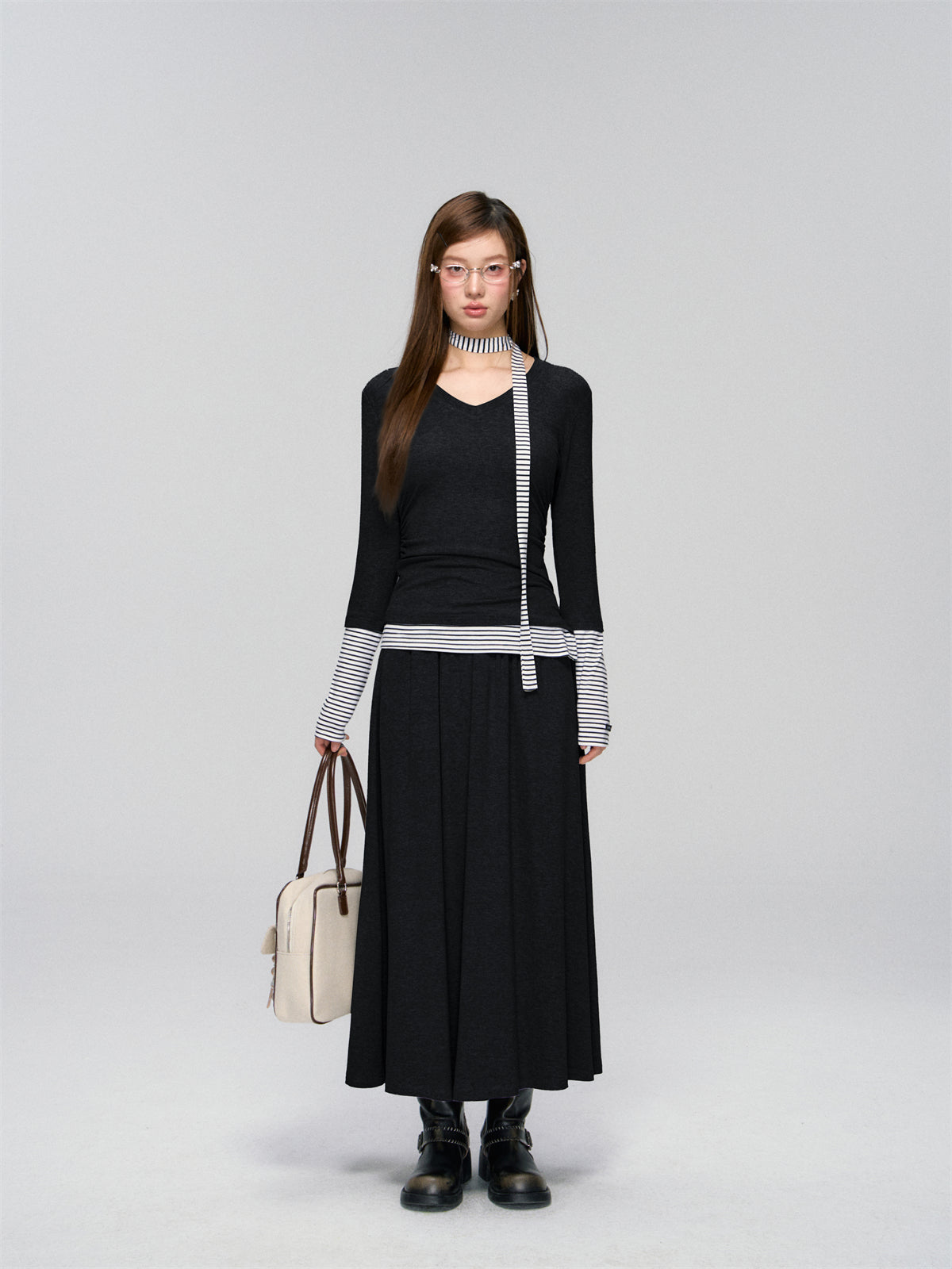 AsGony ASG25008&ASG25009 Slim fit V-neck ribbon base top + skirt set