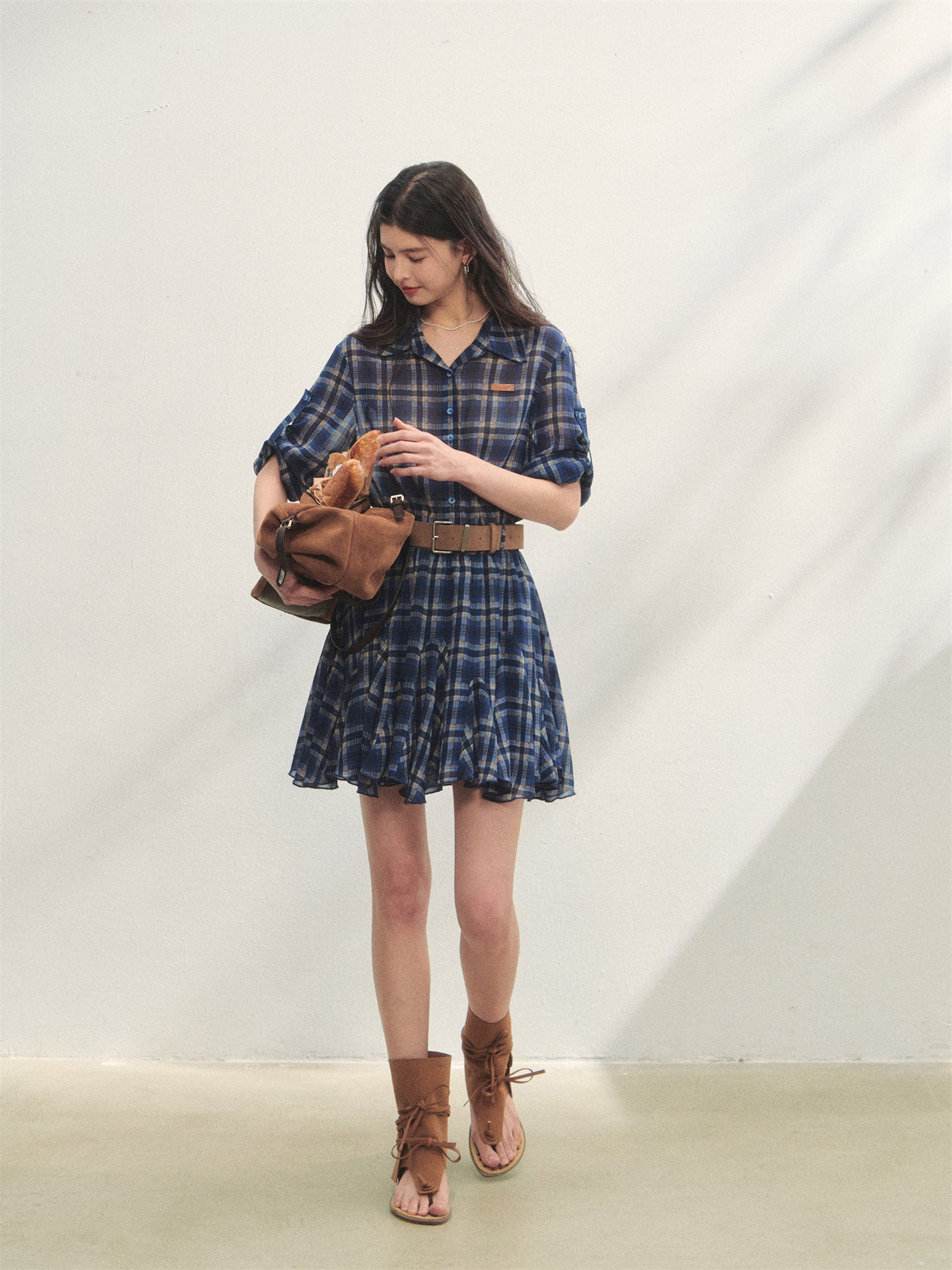 AsGony ASG25260 Plaid waist cinched long sleeved shirt dress