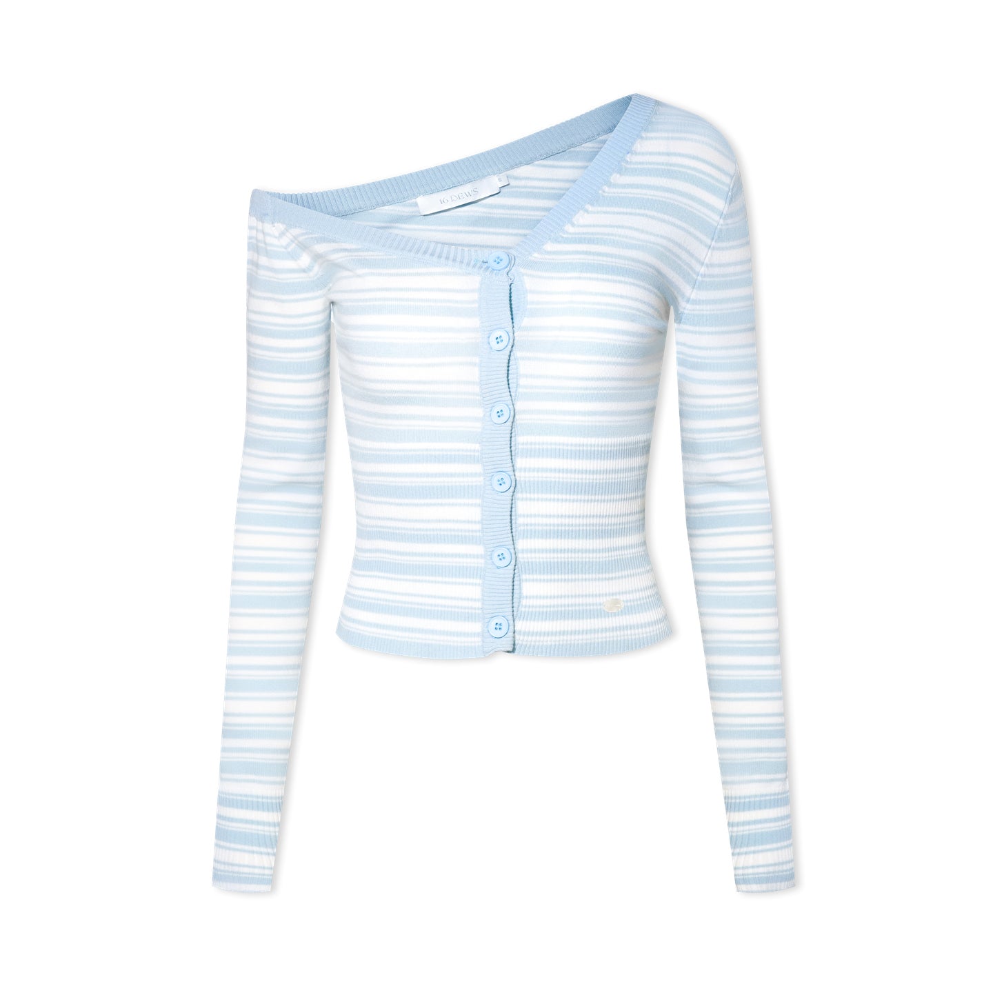 16DEWS 16D25421 Slanted shoulder design striped long sleeved knitted sweater