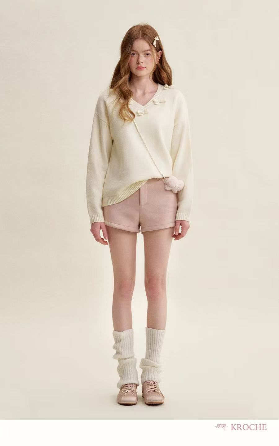 Kroche Bow tie V-neck loose sweater
