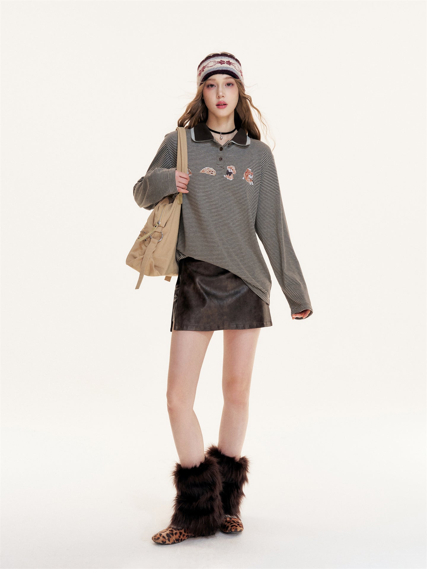 16DEWS 16D25403 Dog print double-layer collar design striped top