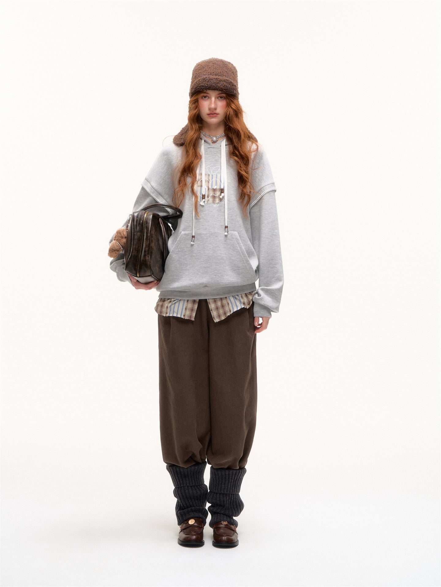 AsGony ASG25377 Checkered hem flared waistband loose pants