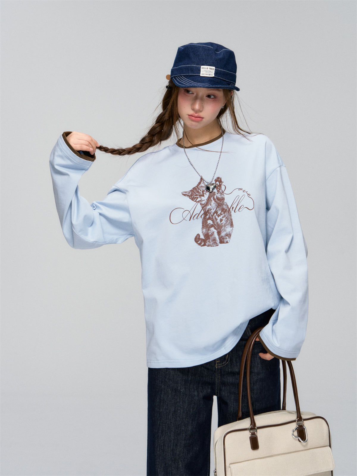 AsGony ASG25026 Cat print contrasting splicing top