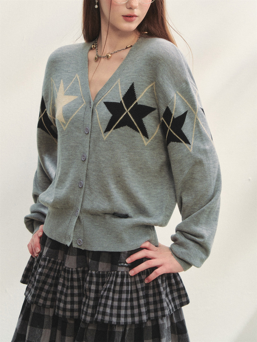 AsGony ASG25292 Star diamond grid jacquard knitted cardigan