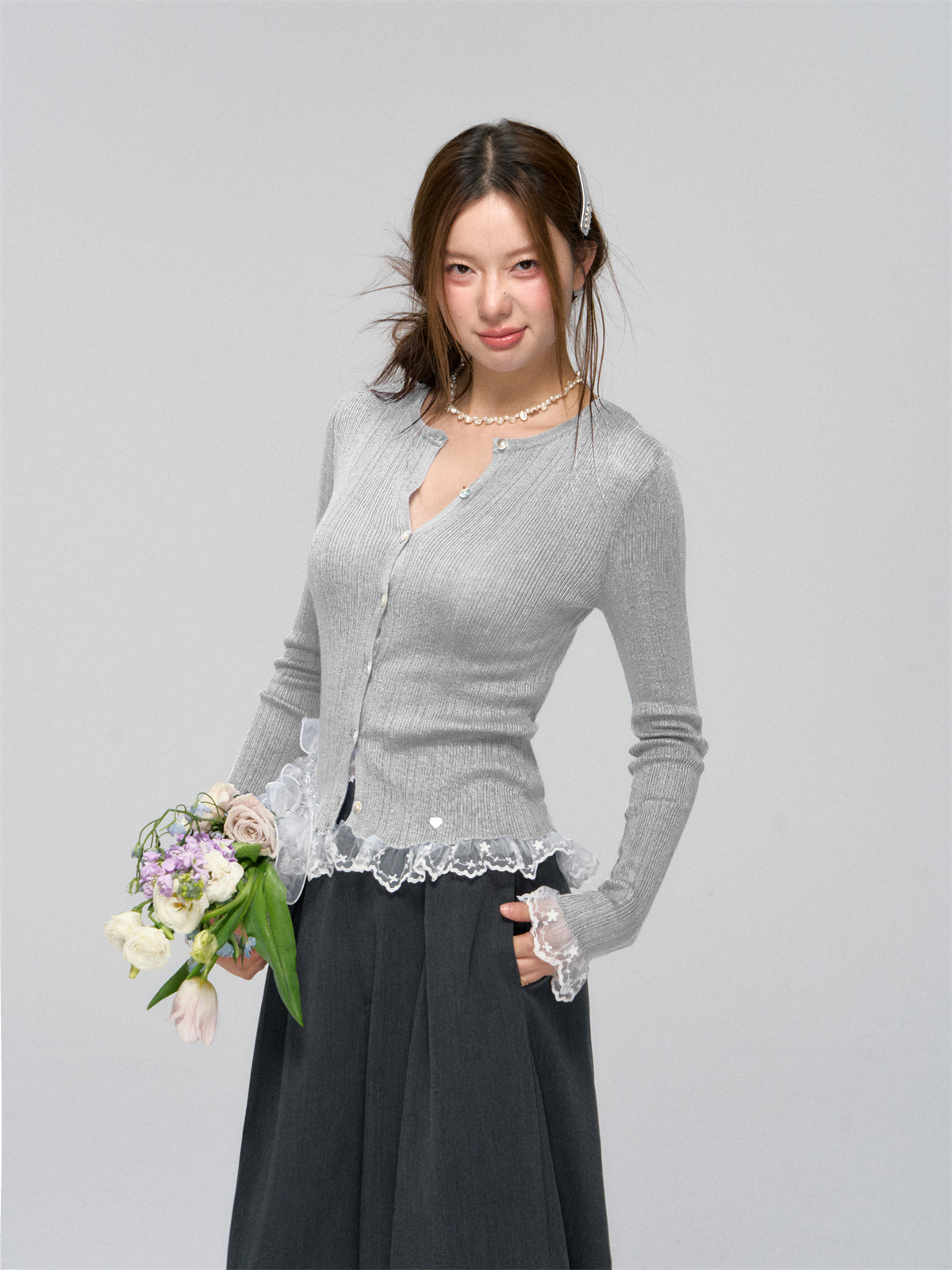 AsGony ASG25039 Lace hem patchwork knit cardigan (2color)