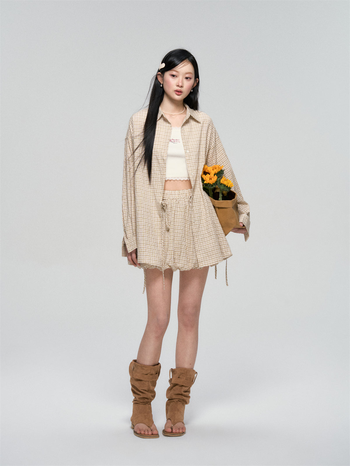 AsGony ASG25059&ASG25060 Lace up casual checkered shirt +skirt set (2color)