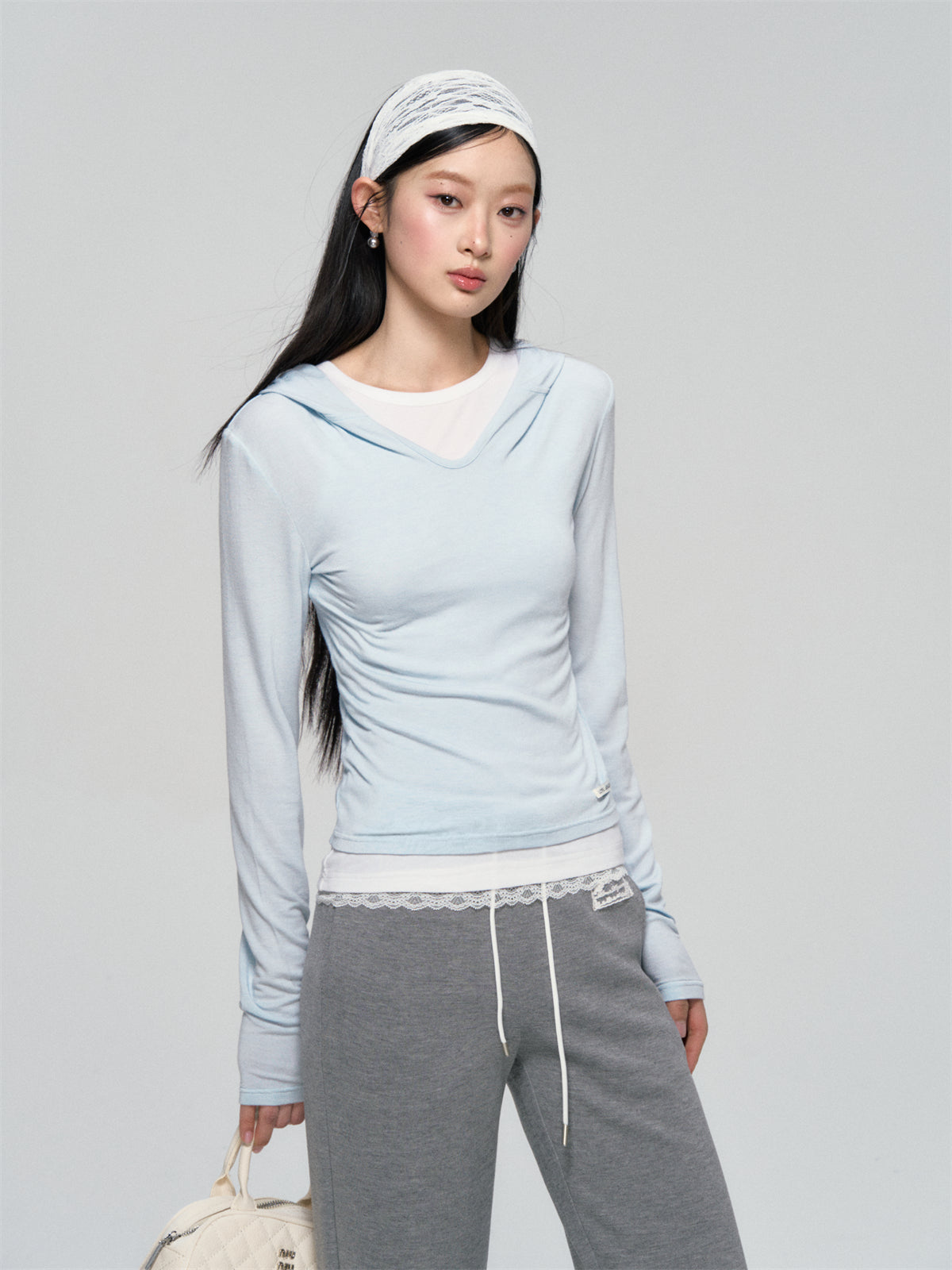 AsGony ASG25066 Lace patchwork two piece slim fit base top