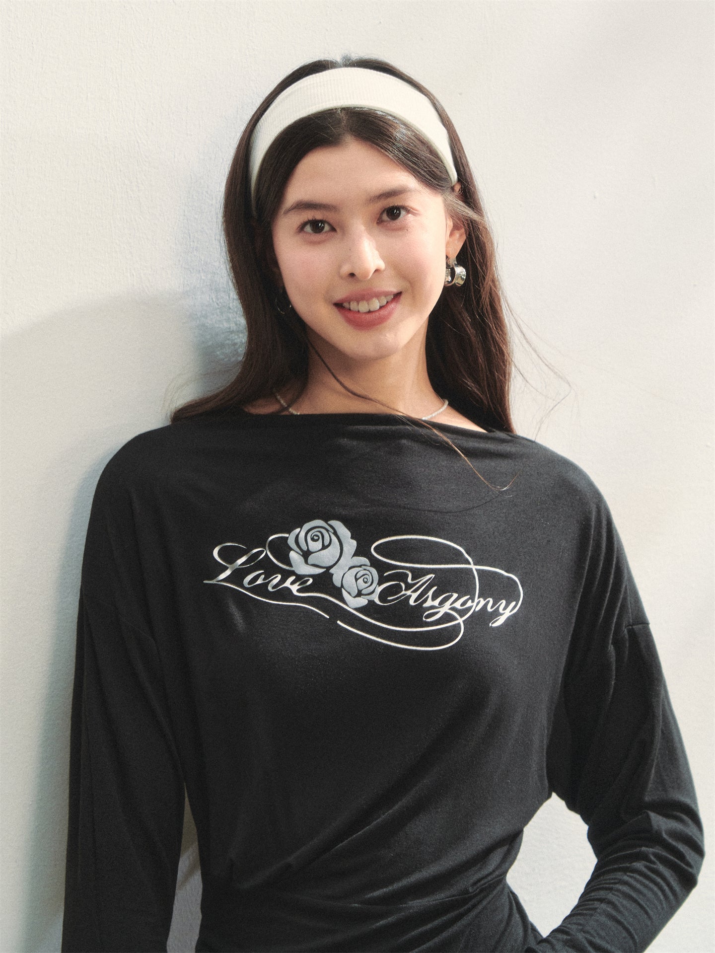 AsGony ASG25286&ASG25287 Printed slim fit pleated long sleeved T-shirt + pants