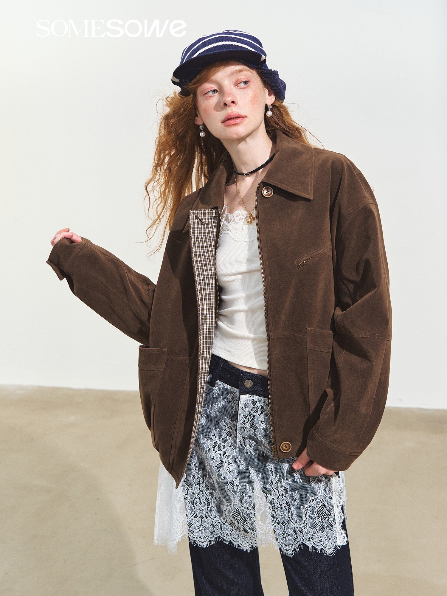 SOMESOWE S2508244 Flip collar velvet matte suede silhouette jacket