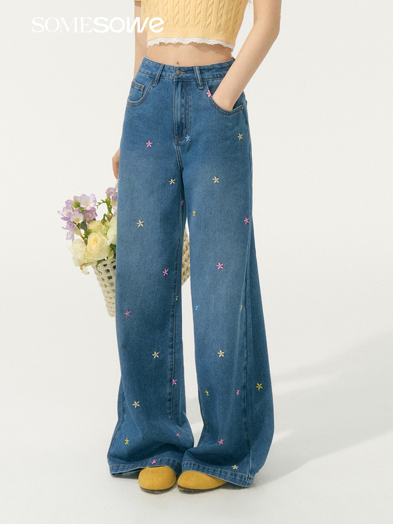 SOMESOWE S2508075 Embroidered flower straight leg jeans
