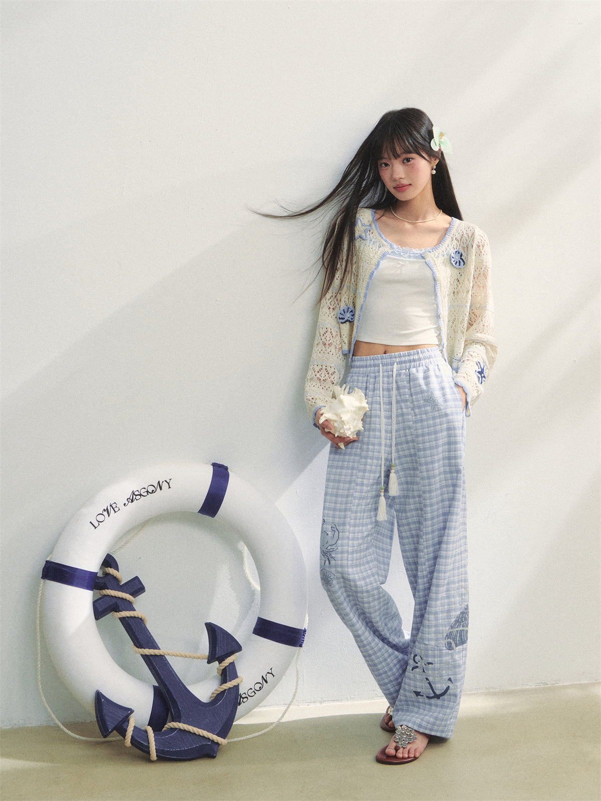 AsGony ASG25232 Ocean style printed lace up pants