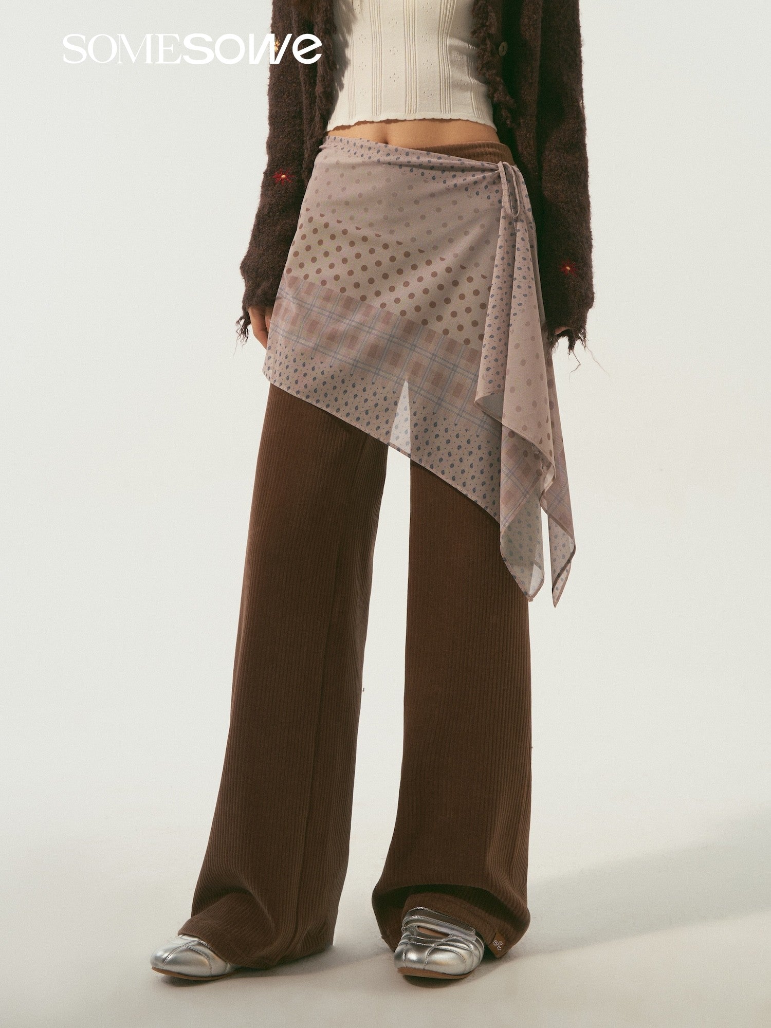 SOMESOWE S2609007&S2609014 Elastic corduroy straight-fit casual pants + skirt panel