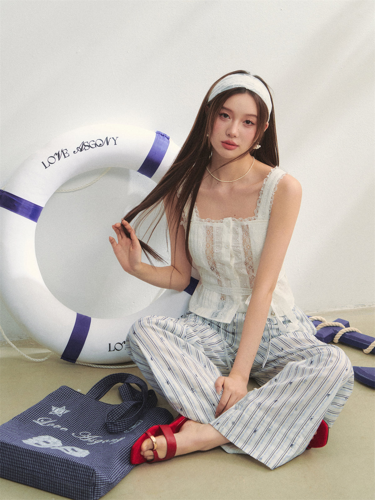 AsGony ASG25201 Striped printed patchwork embroidered lace pants