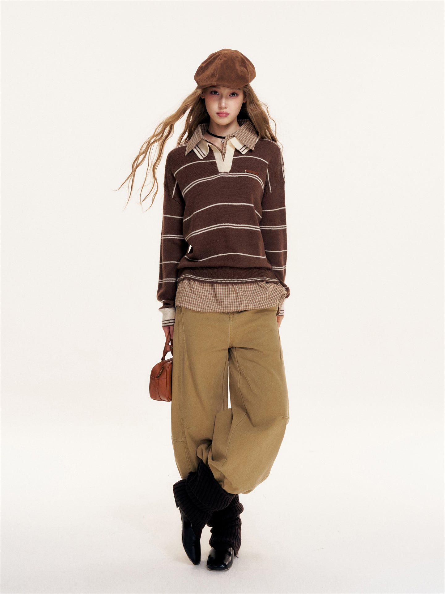 16DEWS 16D25404 Splicing design khaki wide leg jeans