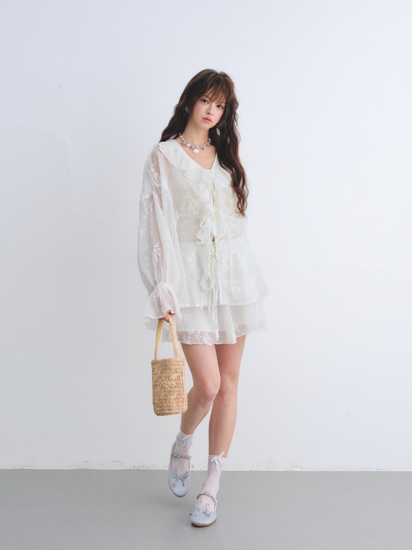 AsGony ASG26015&ASG26016 Chiffon pleated embroidered ruffle edge shirt + skirt