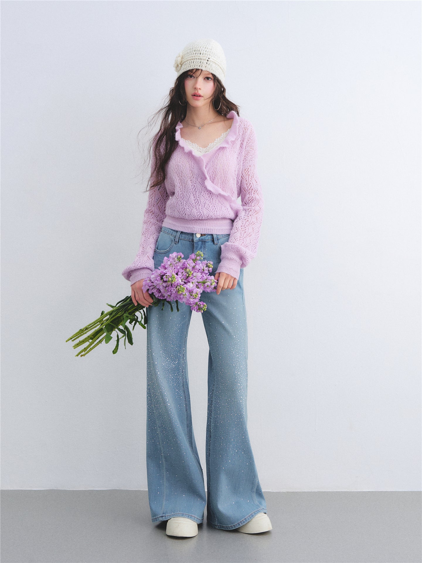 AsGony ASG26007 Wool cross ruffled mohair hollow pullover sweater