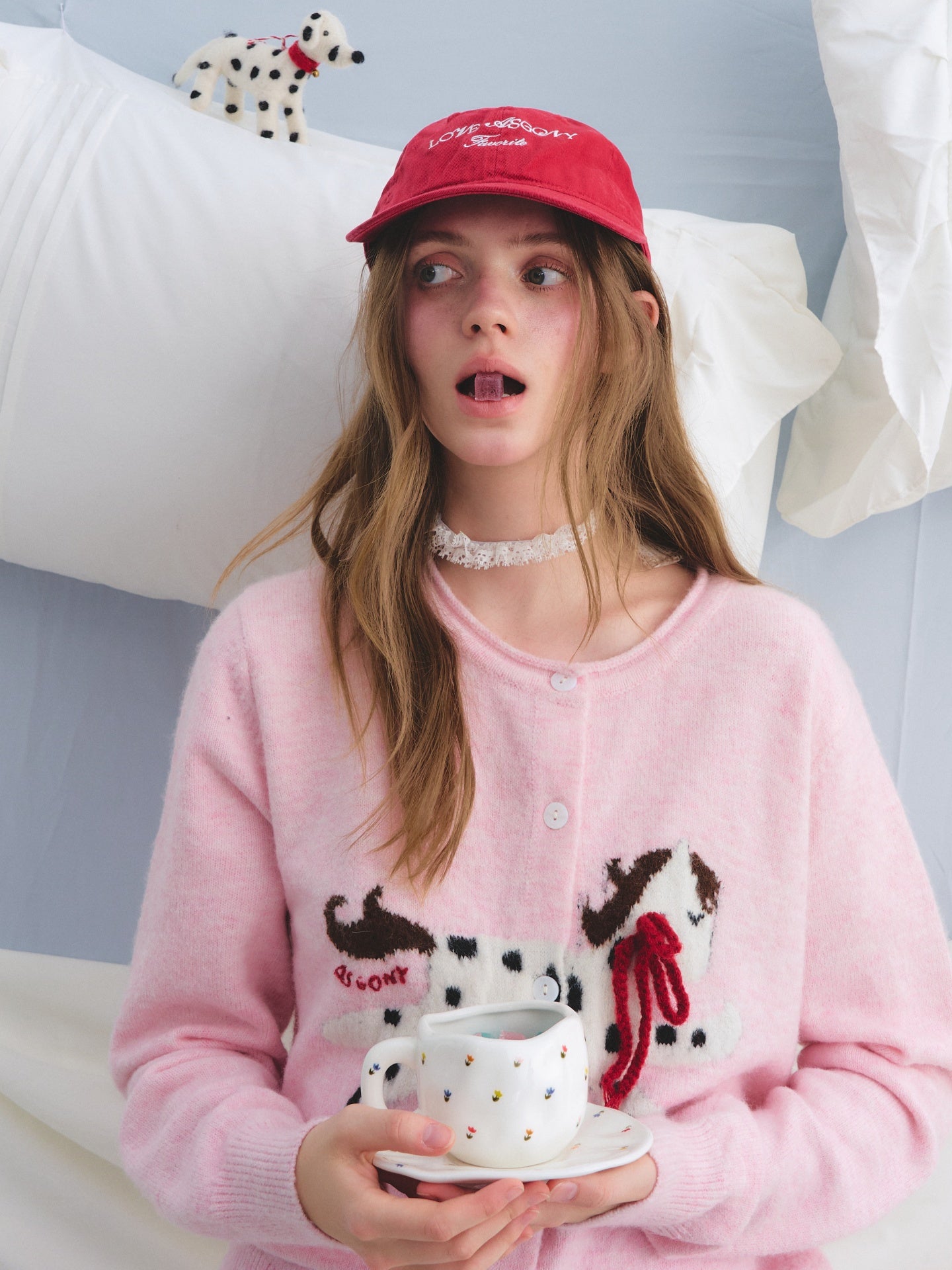 AsGony ASG25648 Pony jacquard bow round neck wool cardigan