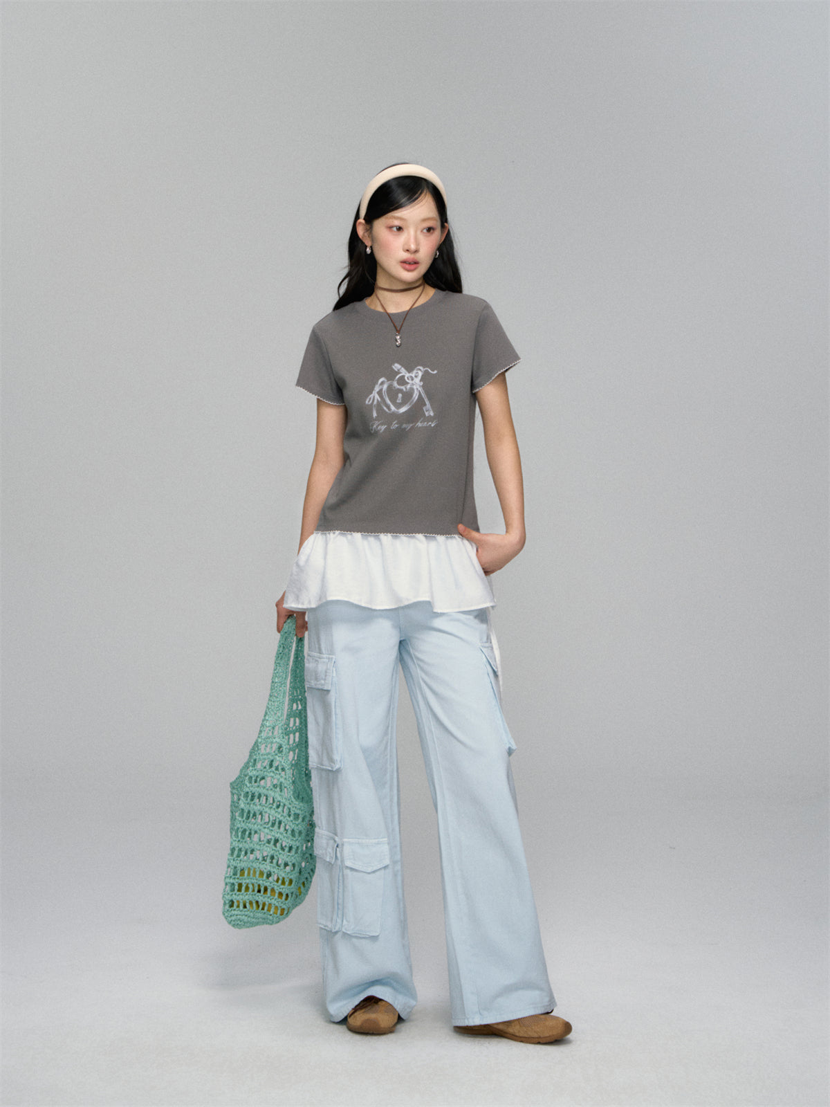 AsGony ASG25151 Printed border loose T-shirt (2color)