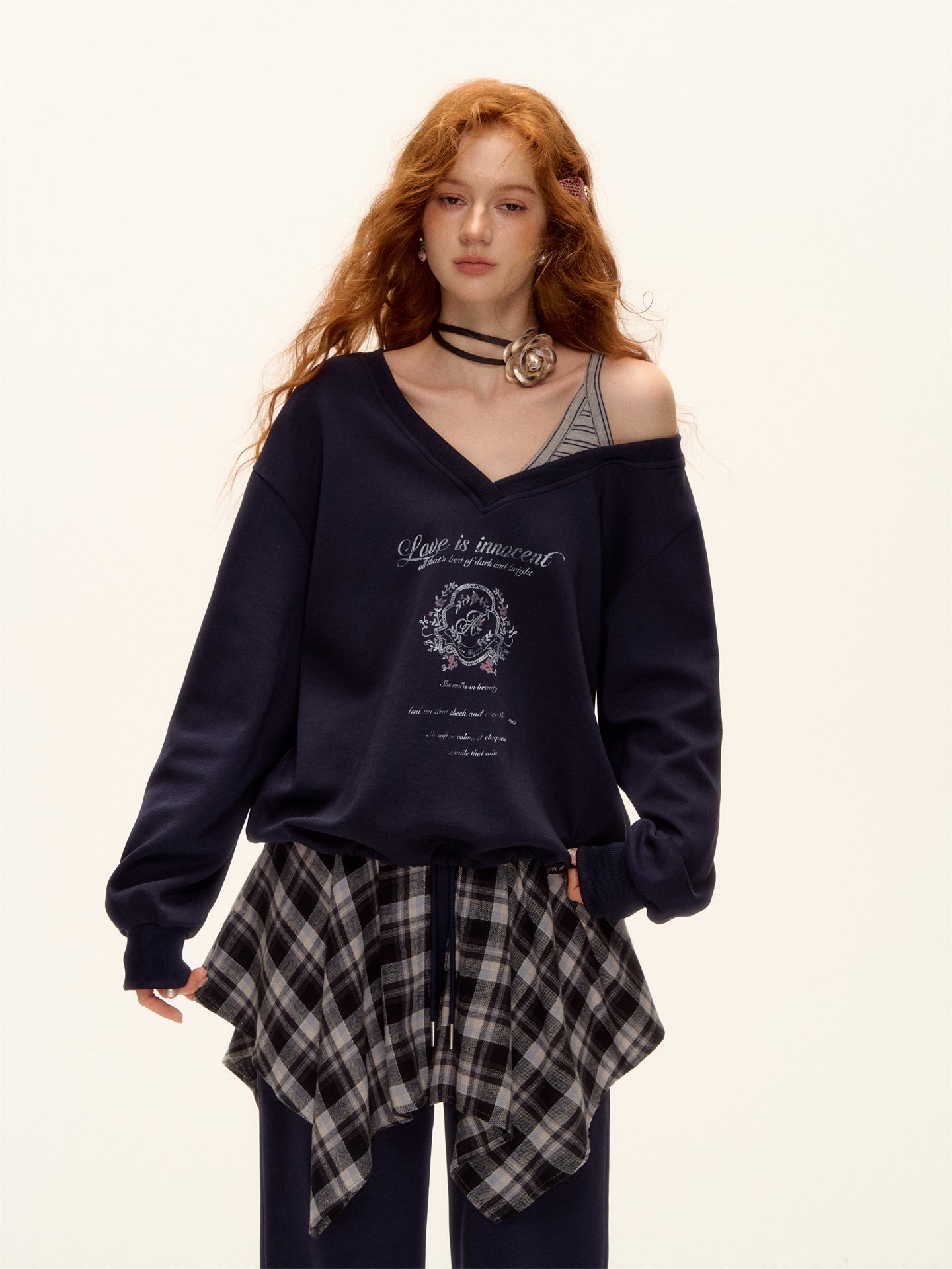 AsGony ASG25504&ASG25505 Oversized striped patchwork printed sweatshirt + pants set