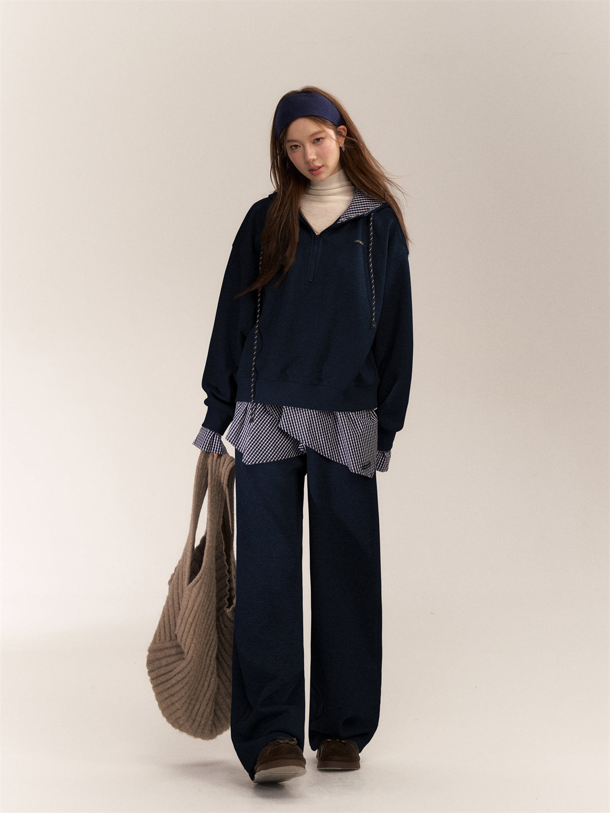AsGony ASG24641 & ASG2642 Splicing plaid hoodie + loose pants set