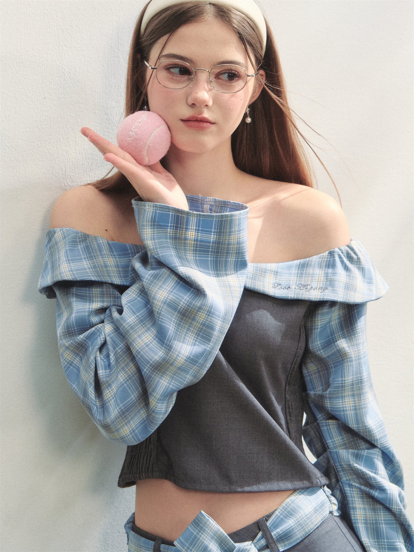 AsGony ASG25263&ASG25264 Plaid patchwork off-shoulder top + pants set