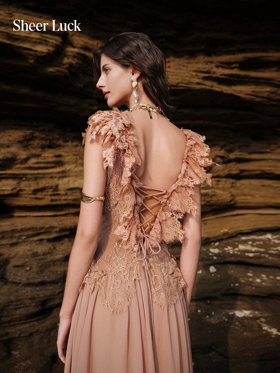 SHEERLUCK SLLYQ26404 Lace patchwork deep V-high slit dress