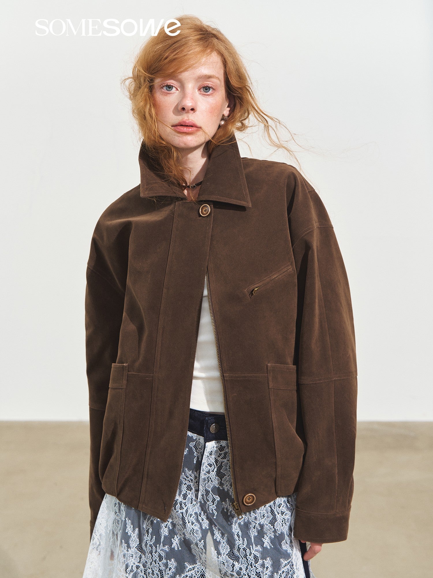 SOMESOWE S2508244 Flip collar velvet matte suede silhouette jacket