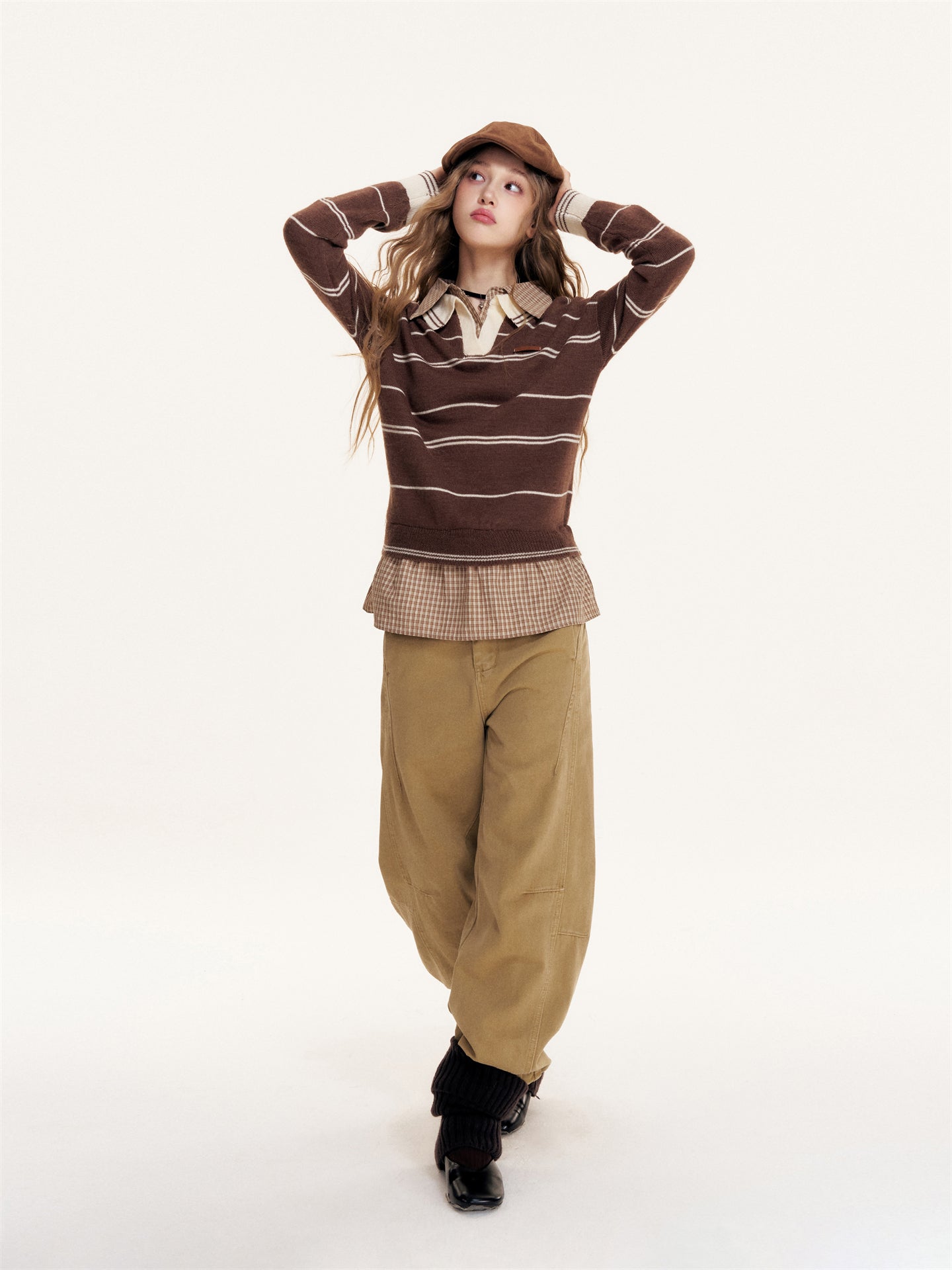 16DEWS 16D25404 Splicing design khaki wide leg jeans