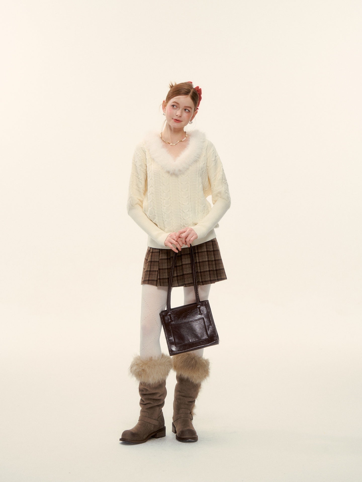 AsGony ASG25627 V-neck wool strip twisted flower sheep leg sleeve knitted sweater