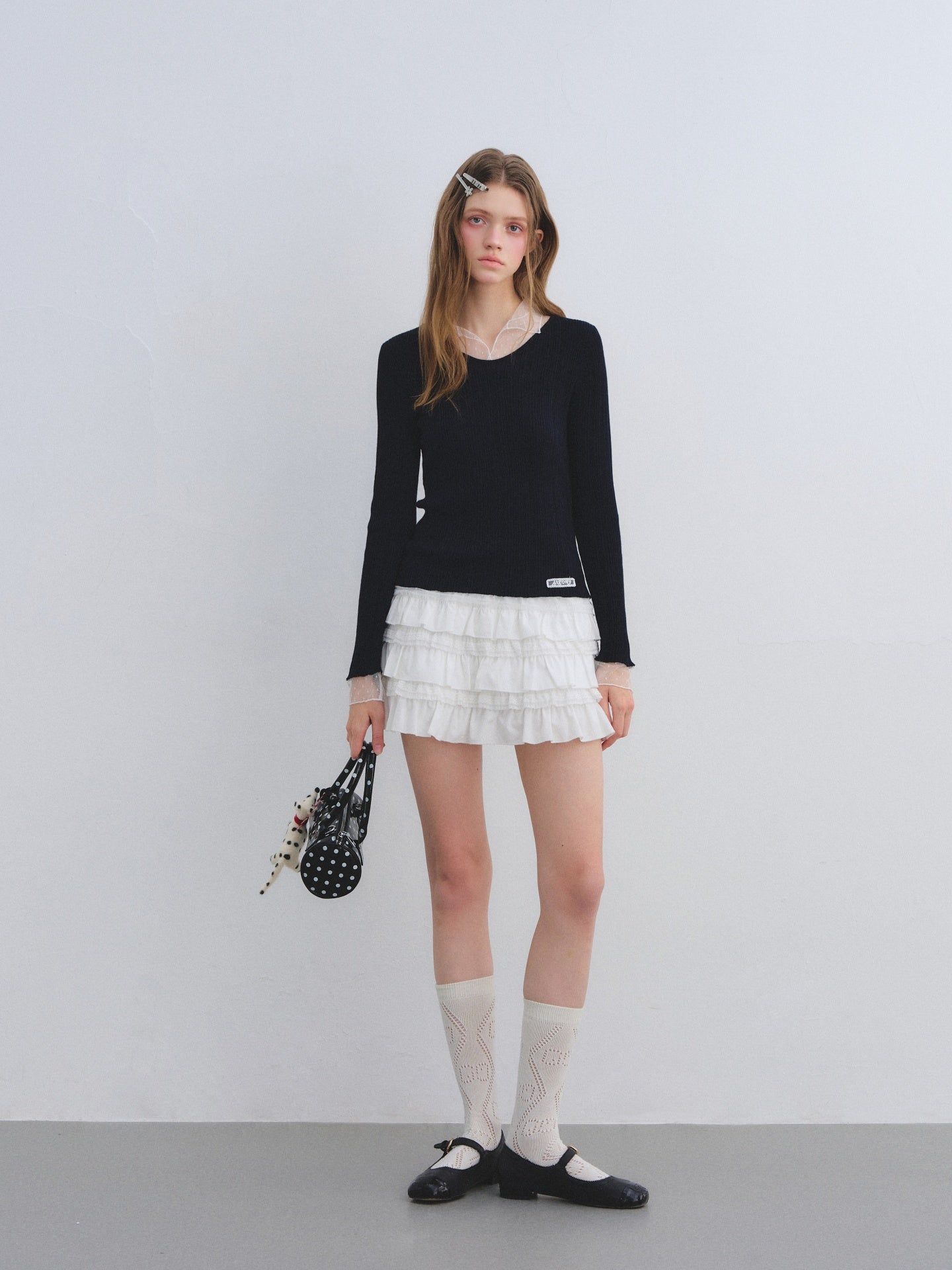 AsGony ASG25664 Polka dot mesh spliced wool base sweater