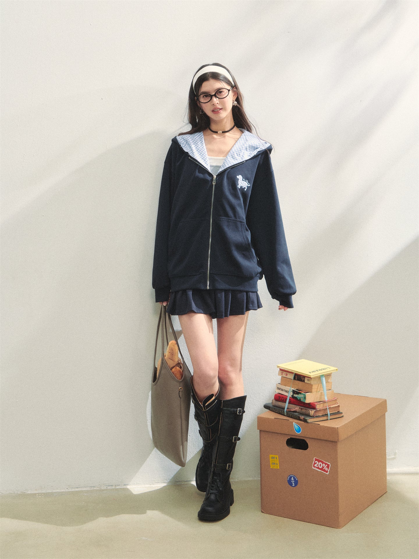 AsGony ASG25269 Detachable plaid strap hooded jacket