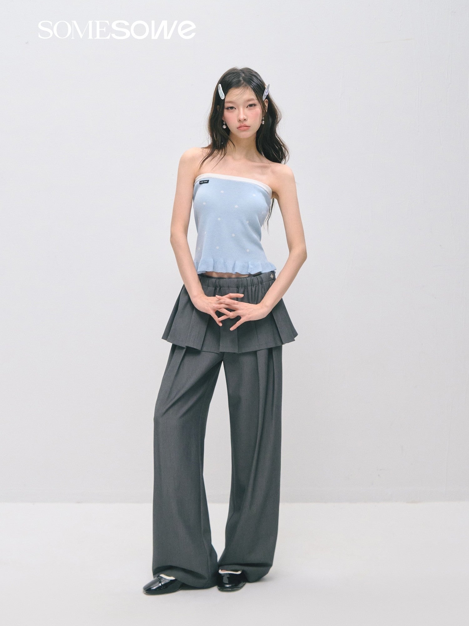 SOMESOWE S2509028 Ruffle strapless cardigan set