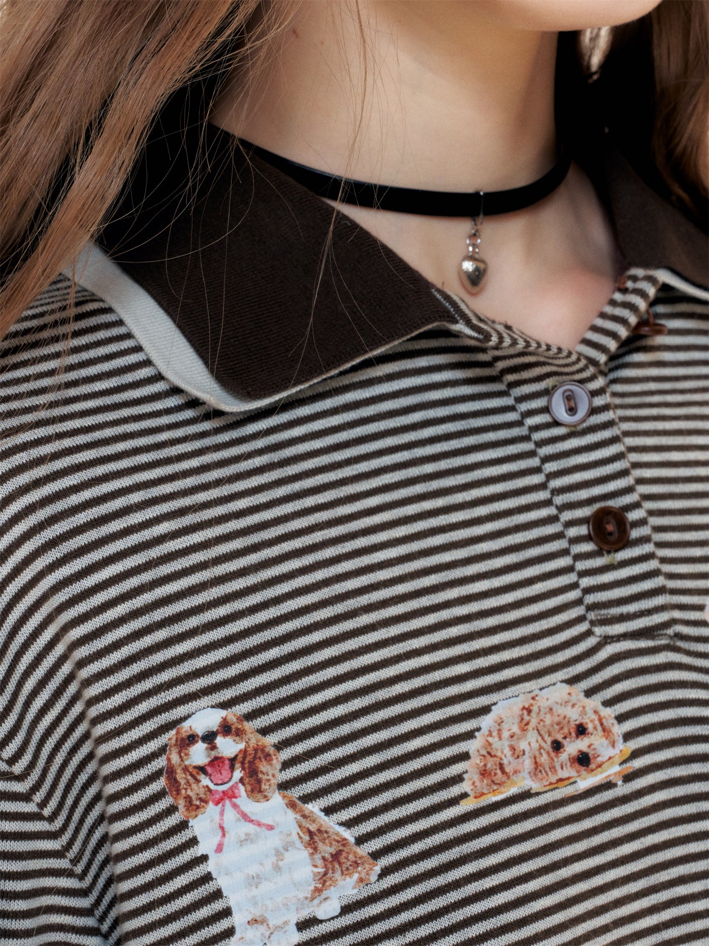 16DEWS 16D25403 Dog print double-layer collar design striped top