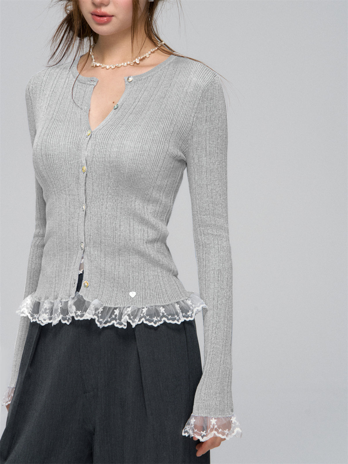 AsGony ASG25039 Lace hem patchwork knit cardigan (2color)